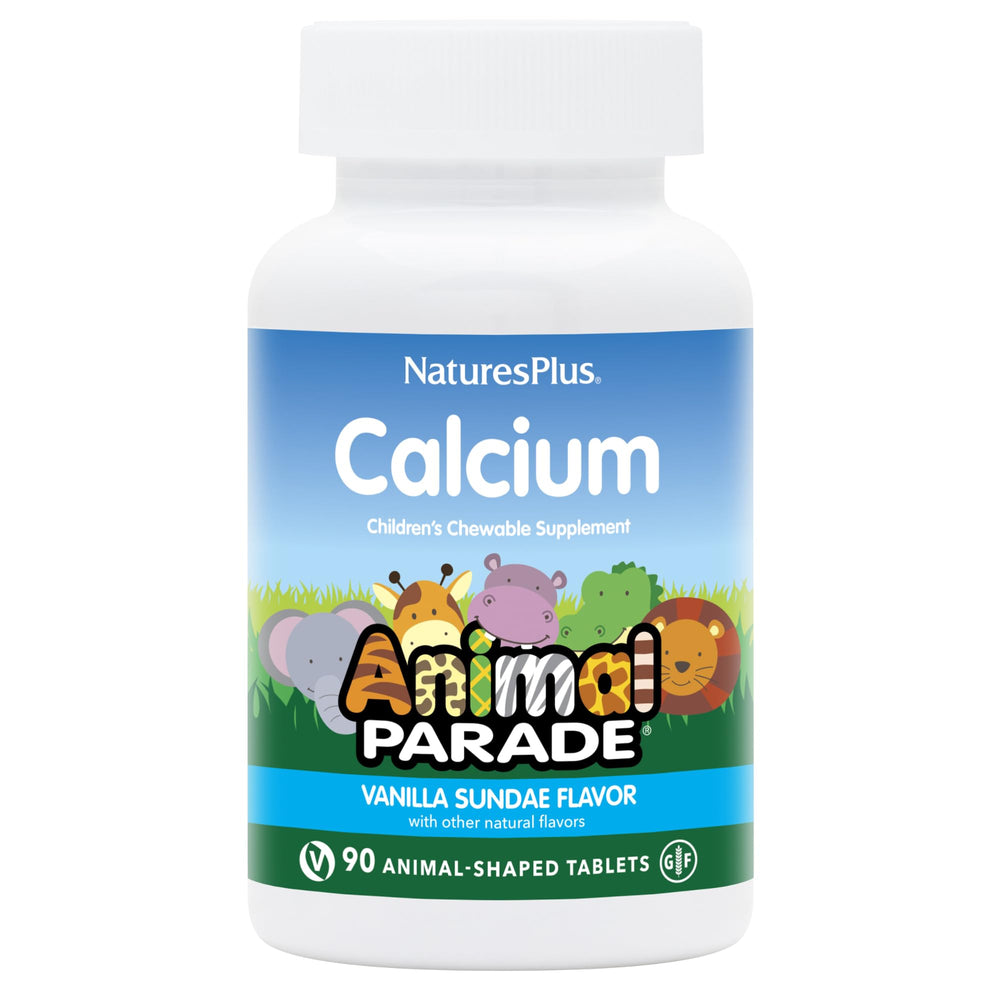 NaturesPlus Animal Parade Calcium bottle with vanilla sundae chews for bone health support.
