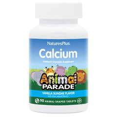 NaturesPlus Animal Parade Calcium bottle with vanilla sundae chews for bone health support.