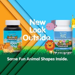 NaturesPlus Animal Parade chewables with animal shapes loved by children for routine use.