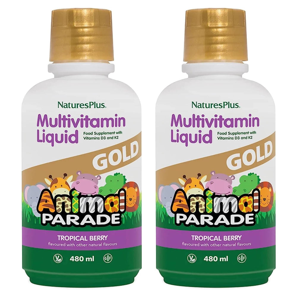 NaturesPlus Animal Parade Gold bottle showing kid-friendly liquid multivitamin for daily nutrition