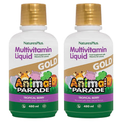 NaturesPlus Animal Parade Gold bottle showing kid-friendly liquid multivitamin for daily nutrition