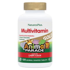 NaturesPlus Animal Parade Gold cherry-flavored tablets for kids, easy daily chew.