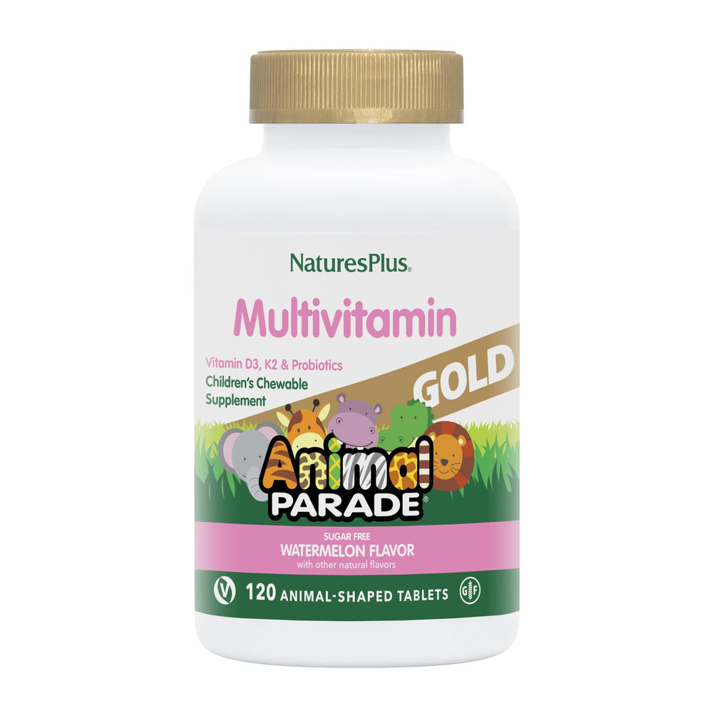 NaturesPlus Animal Parade Gold chewables bottle with watermelon flavor for kids' daily vitamins.