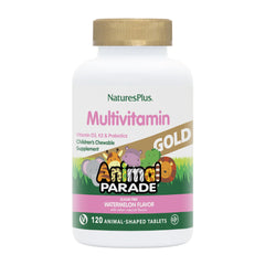 NaturesPlus Animal Parade Gold chewables bottle with watermelon flavor for kids' daily vitamins.