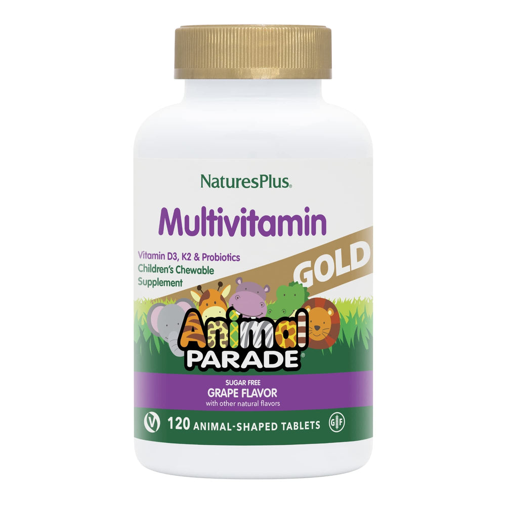 NaturesPlus Animal Parade Gold grape tablets for kids, tasty daily nutrition.