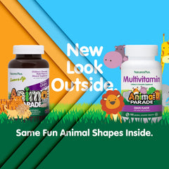NaturesPlus Animal Parade Grape tablets shown, kid-friendly chewables support daily nutrition