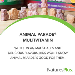 NaturesPlus Animal Parade natural flavors cherry orange grape shown.