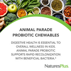 NaturesPlus Animal Parade Probiotic mixed-berry chews on table, easy daily routine