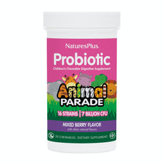 NaturesPlus Animal Parade Probiotic chews pack foreground, supports kid gut balance