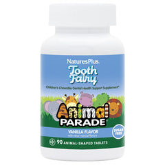 NaturesPlus Animal Parade Tooth Fairy tablets in vanilla for kid-friendly dental support.
