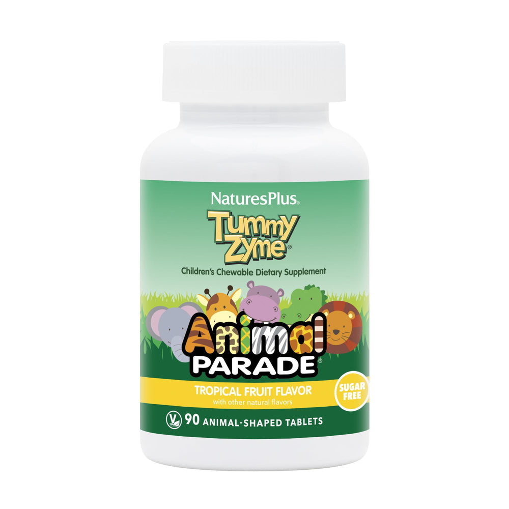 NaturesPlus Animal Parade Tummy Zyme tablets for kids, shown as bite-sized treats that support digestion.