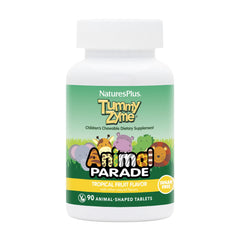 NaturesPlus Animal Parade Tummy Zyme tablets for kids, shown as bite-sized treats that support digestion.
