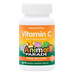 NaturesPlus Animal Parade vitamin C bottle close-up with orange chews for immune support