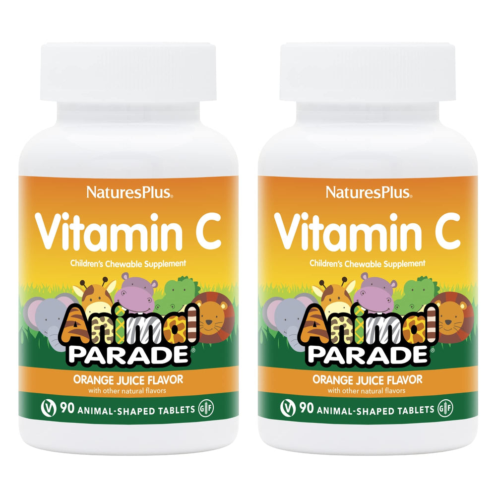 NaturesPlus Animal Parade Vitamin C chewables bear shape, kid-friendly orange flavor for daily use.