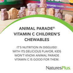 NaturesPlus Animal Parade Vitamin C chewables dog shape, easy daily vitamin for families.