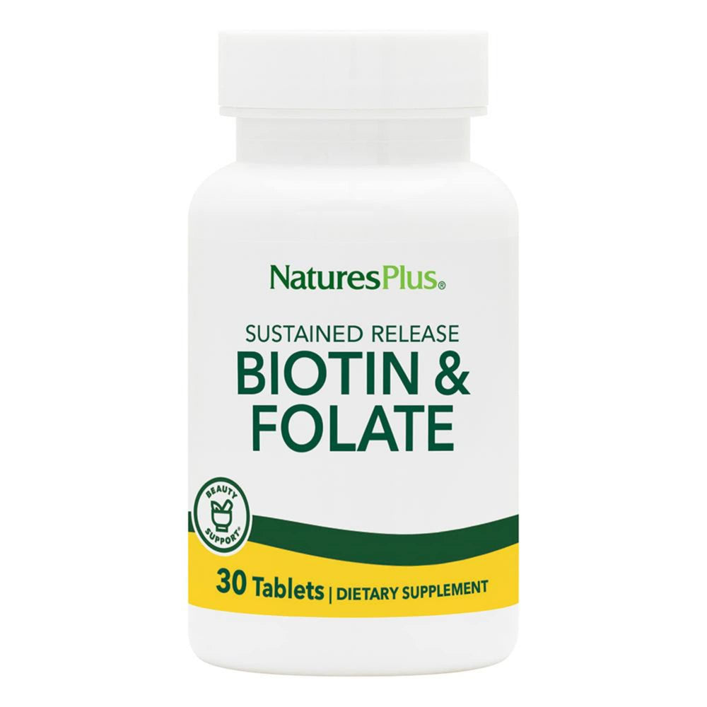 NaturesPlus Biotin & Folic Acid tablets in sustained-release bottle for daily wellness