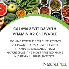 NaturesPlus chewables closeup emphasizes 1200 mg calcium and 600 mg magnesium per serving