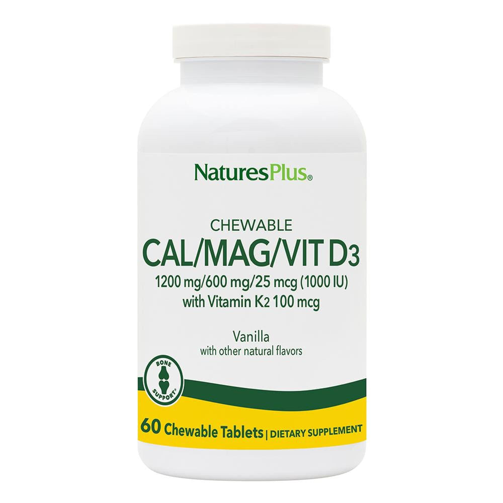 NaturesPlus Cal Mag Vit D3 K2 vanilla chewables in a bottle for daily bone support.