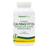 NaturesPlus Cal Mag Vit D3 K2 vanilla chewables in a bottle for daily bone support.