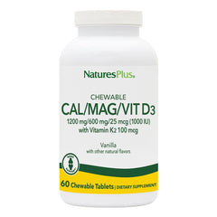 NaturesPlus Cal Mag Vit D3 K2 vanilla chewables in a bottle for daily bone support.