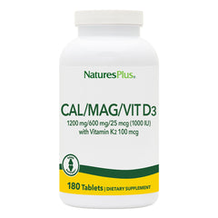 NaturesPlus Cal-Mag-D3-K2 bottle front showing bone support formulation.