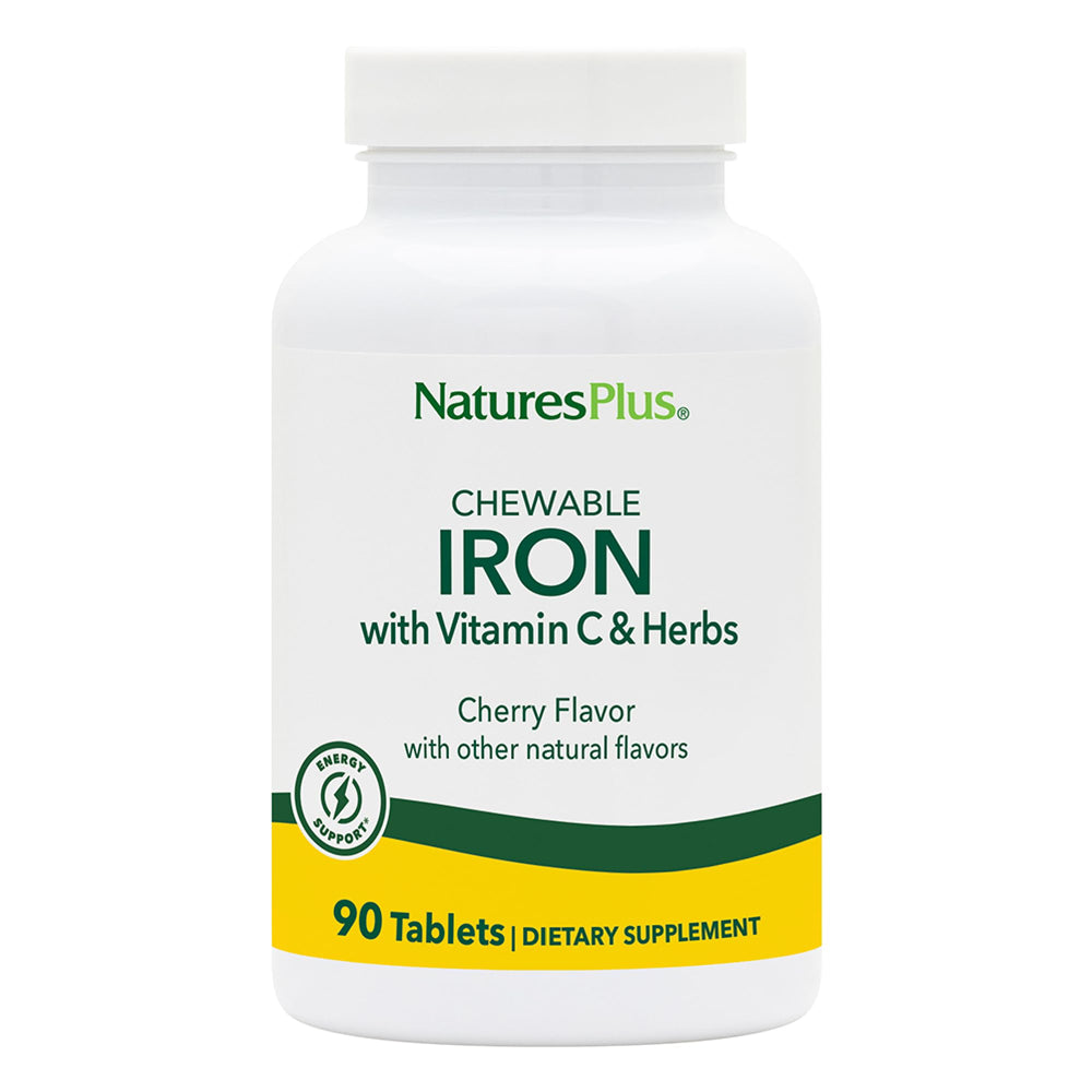 NaturesPlus Chewable Iron 27mg bottle highlights high potency for daily energy support.
