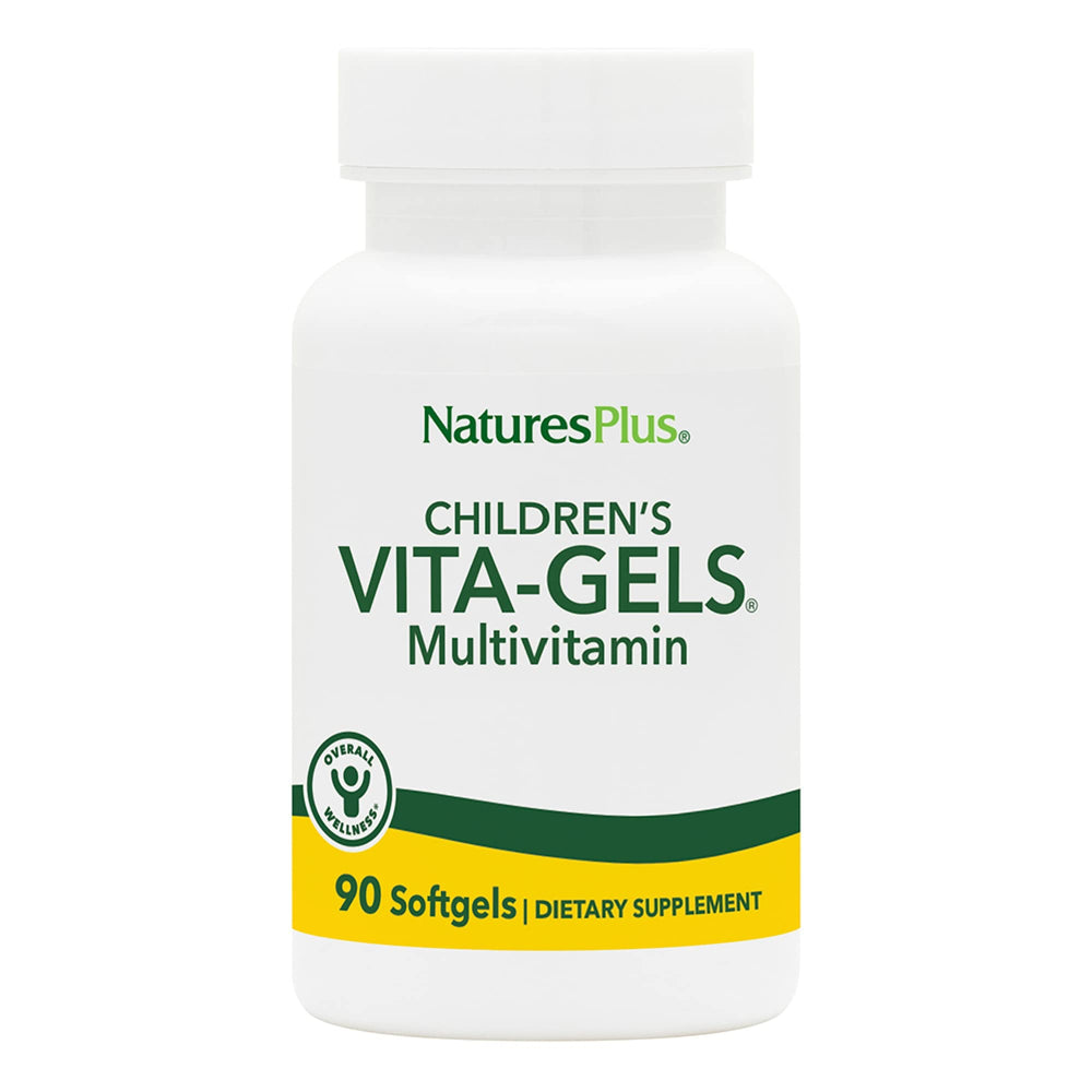 NaturesPlus Children's Vita-Gels bottle with kid-friendly multivitamins in gluten-free capsules.