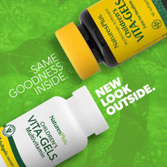 Closeup of Vita-Gels softgels showing smooth texture and orange flavor appeal for children.