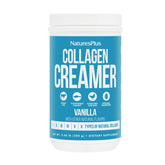 Nature'sPlus Collagen Creamer Vanilla tub front emphasizing non-GMO and gluten-free ingredients.