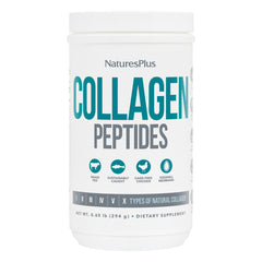 Nature's Plus Collagen Peptides bottle label shows six collagen types.