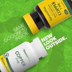 NaturesPlus Copper 3 mg bottle packaging highlighting gluten-free supplement.