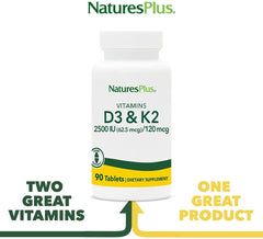 NaturesPlus D3 K2-90 tablets label highlights vegetarian and gluten-free.