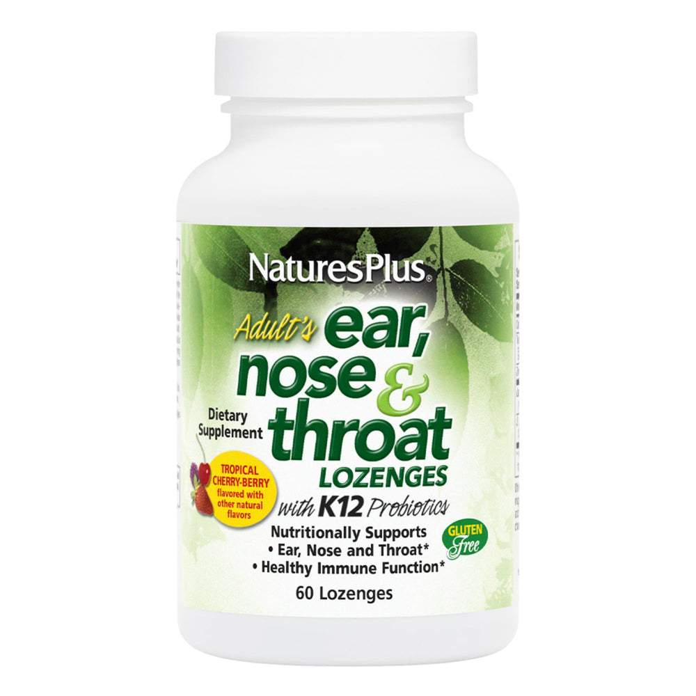 Natures Plus ear-nose-throat lozenges packaging highlighting gluten-free formula