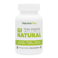 Nature's Plus GI Natural bottle label highlighting probiotic blend for digestive support