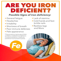 NaturesPlus Hema-Plex Iron bottle label highlighting vegan, gluten-free formula.
