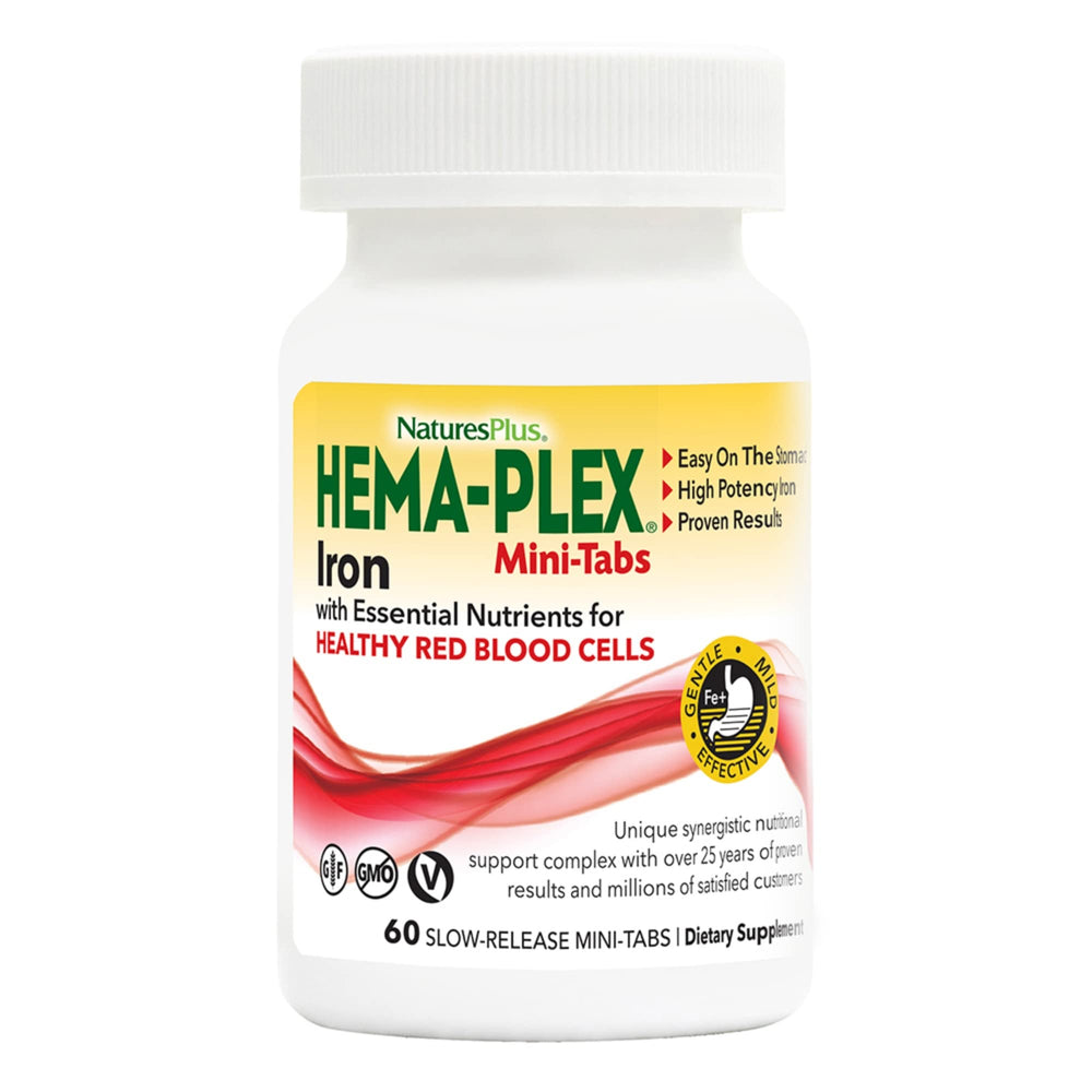 NaturesPlus Hema-Plex Iron mini-tab closeup highlighting slow-release design for steady iron delivery.