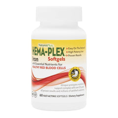 NaturesPlus Hema-Plex Iron softgels bottle showing convenient daily iron support