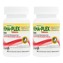NaturesPlus Hema-Plex Iron tablets, slow-release formula gentle on the stomach.
