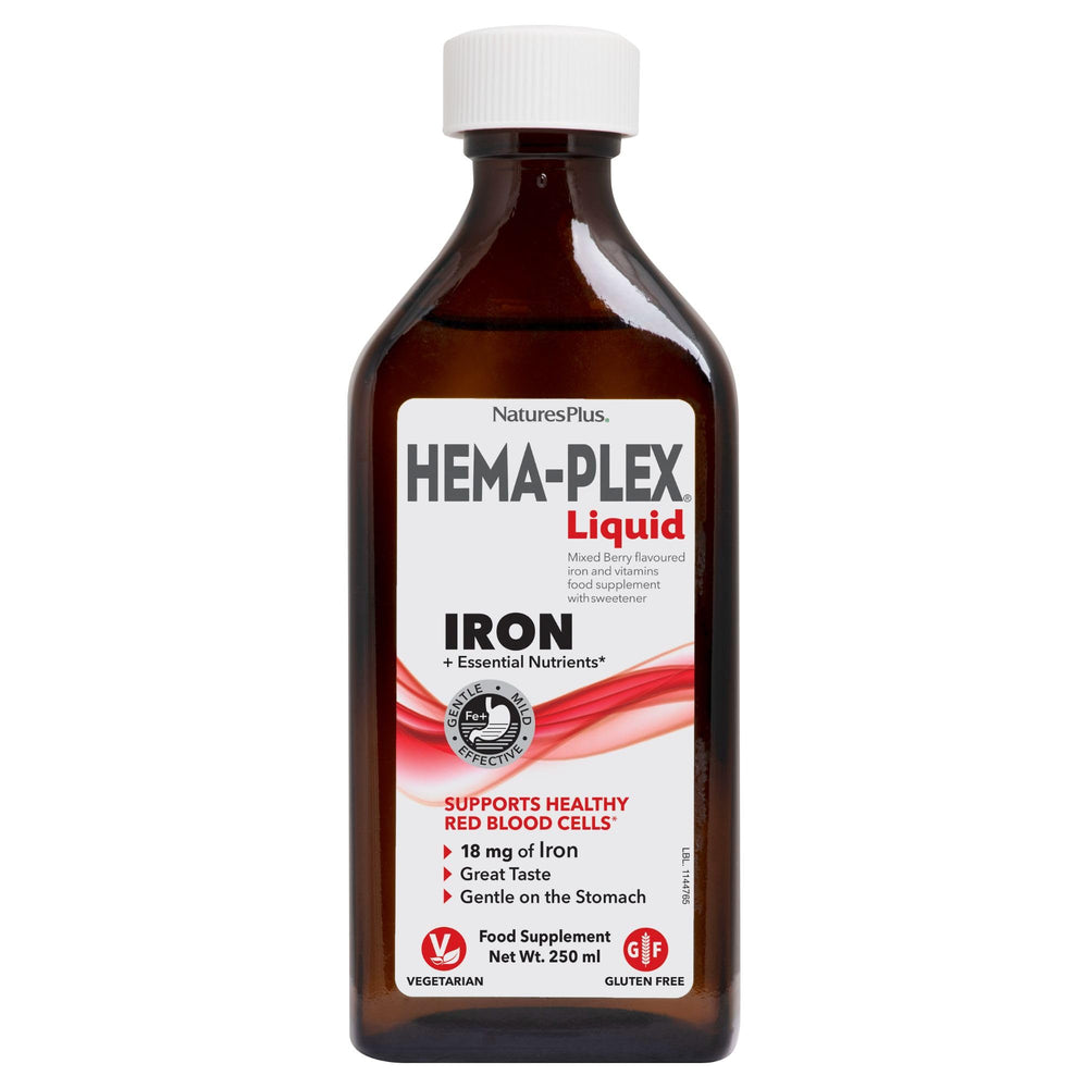 NaturesPlus Hema-Plex liquid iron bottle shown with berry flavor, highlighting easy daily use