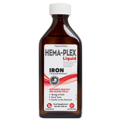 NaturesPlus Hema-Plex liquid iron bottle shown with berry flavor, highlighting easy daily use