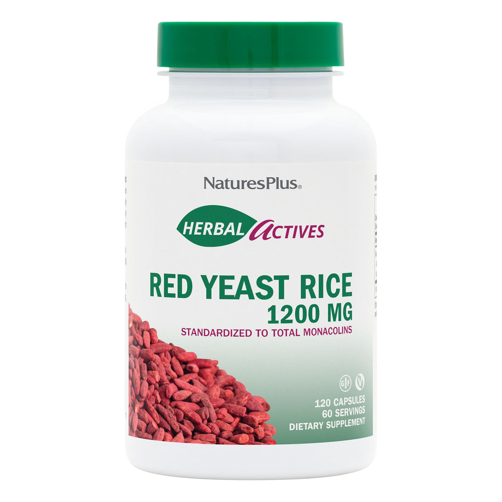 NaturesPlus Herbal Actives Red Yeast Rice bottle showcasing potent ingredients for a clean formula.