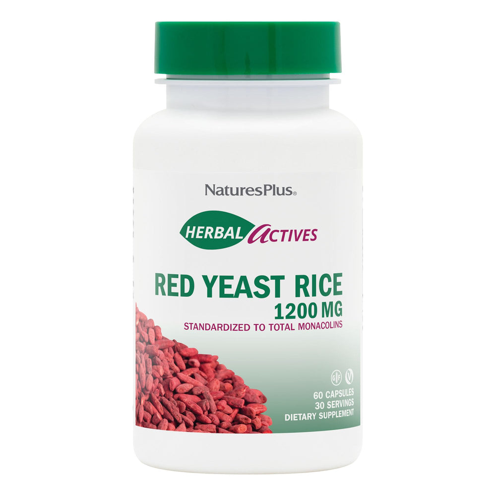 NaturesPlus Herbal Actives Red Yeast Rice bottle and capsules for easy daily use