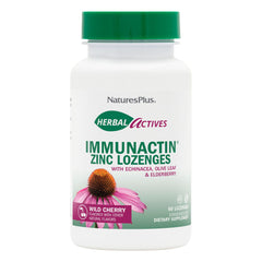 NaturesPlus ImmunActin lozenges bottle front showing wild cherry flavor and vegan zinc blend