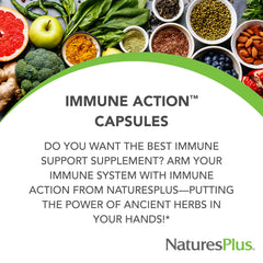NaturesPlus Immune Action label close-up showing vegan and gluten-free features
