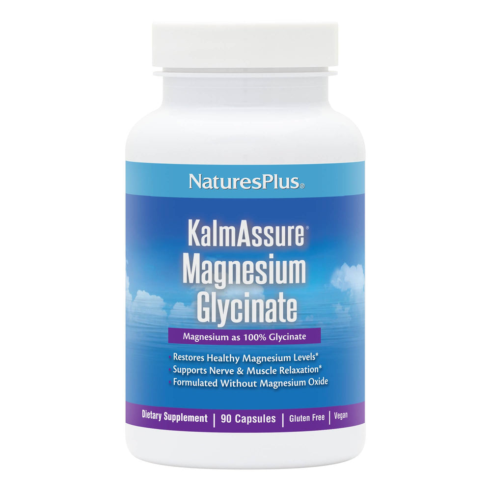 NaturesPlus KalmAssure magnesium glycinate bottle highlights high bioavailability for calm support.