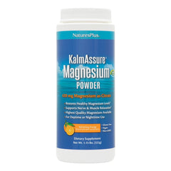 NaturesPlus KalmAssure magnesium powder orange tub front for daily relaxation.