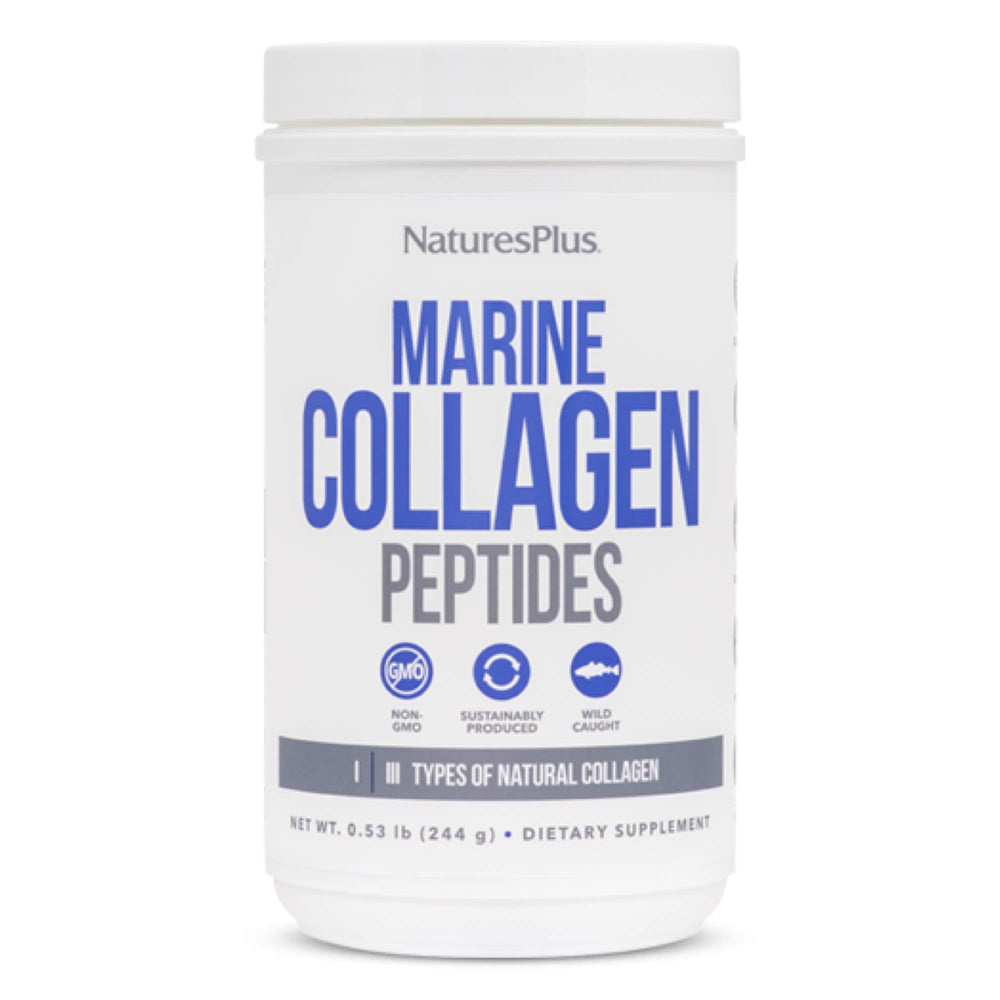 Nature'sPlus Marine Collagen Peptides bottle closeup for skin support