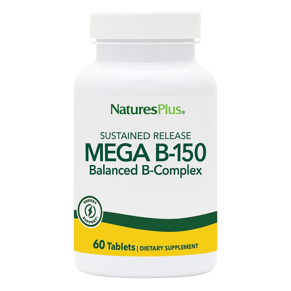NaturesPlus Mega B-150 bottle front view highlighting branding and label for informed use