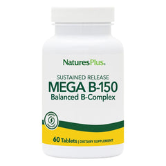 NaturesPlus Mega B-150 bottle front view highlighting branding and label for informed use