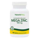 NaturesPlus Mega Zinc 100 mg tablets in bottle, high potency daily supplement.
